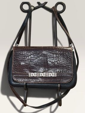 Vintage Brighton Brown Black Croc-Embossed Crossbody Bag with Silver Accent